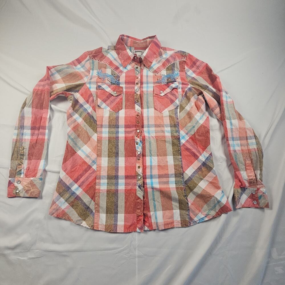 Western Plaid Pearl Snap Shirt Red Blue White Cotton by Adiktd XL